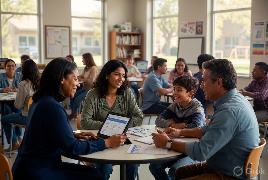 Illustration of immigrant family arriving at school